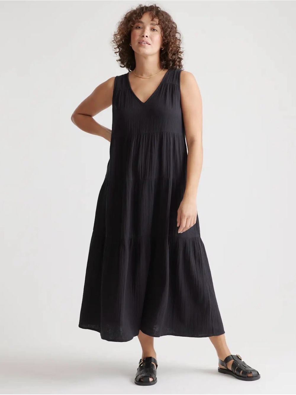 Quince Women’s 100% Organic Cotton Gauze Tiered Maxi Dress Black Small
